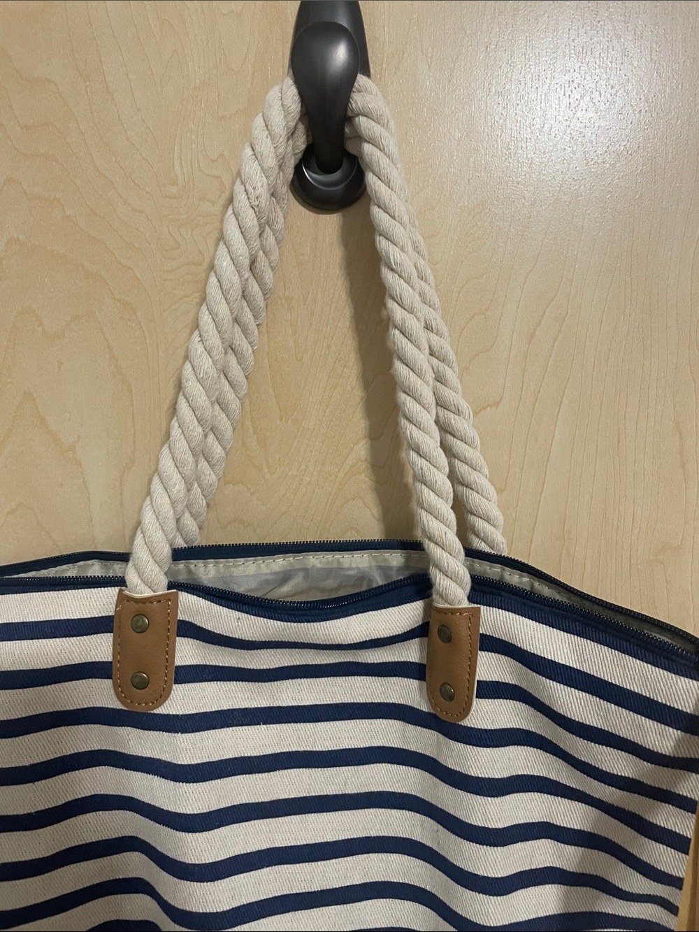 summer & rose Navy and Cream Striped Rope-Handle Beach Tote - Picture 5 of 11